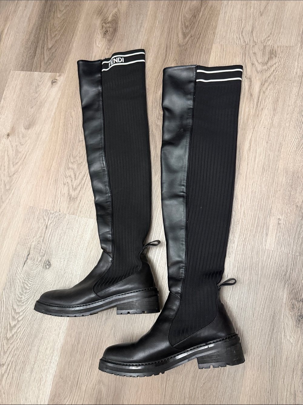 Fendi Black Ribbed Over-the-Knee Leather Boots with Logo Trim - Picture 10 of 14